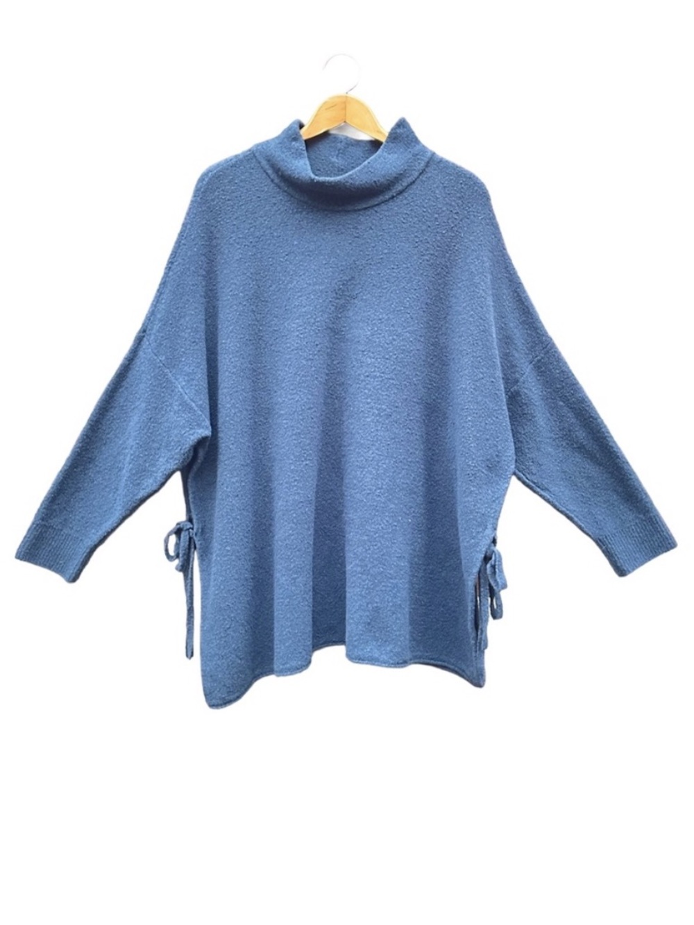Pure J Jill Boucle Sweater Blue One Size Poncho Drop Shoulder Tie Side Mock Neck